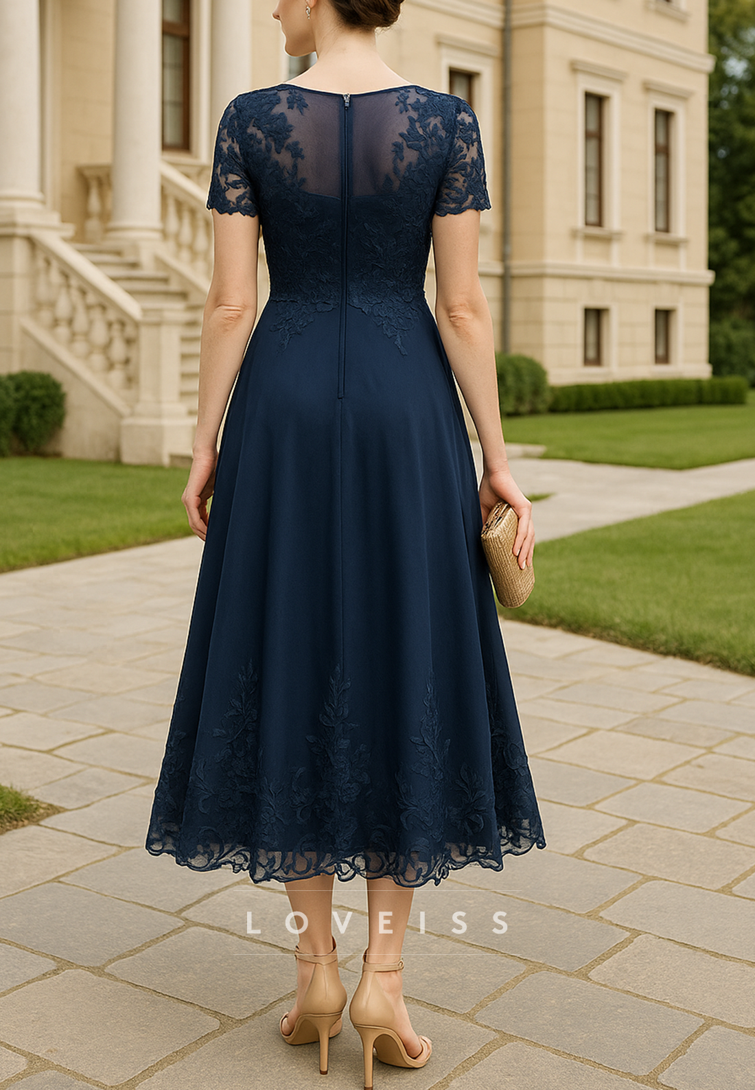 Scoop Short Sleeves Appliques A-Line Mother of Bride Dress