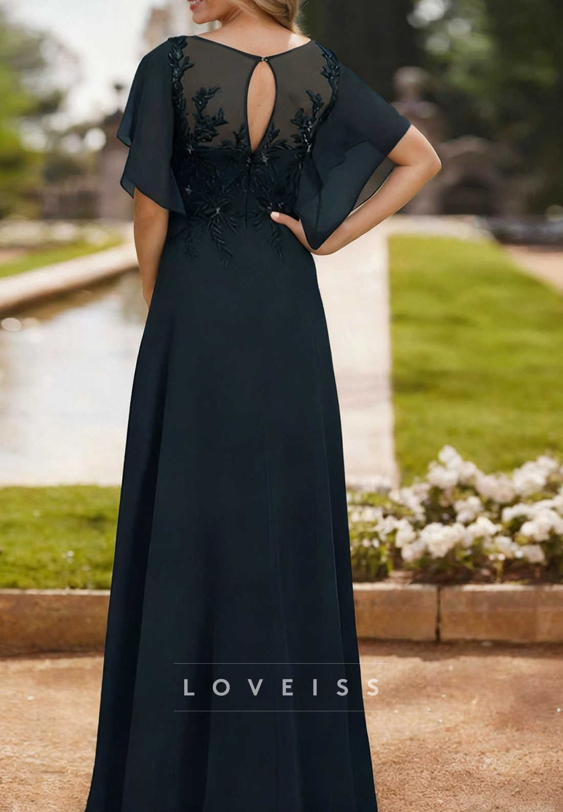 Scoop Short Sleeves Appliques A-Line Mother of Bride Dress