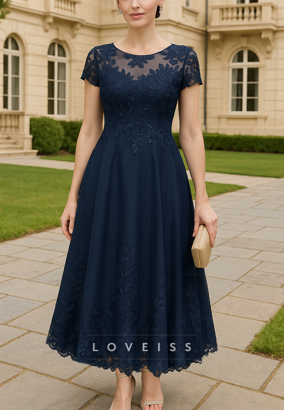 Scoop Short Sleeves Appliques A-Line Mother of Bride Dress