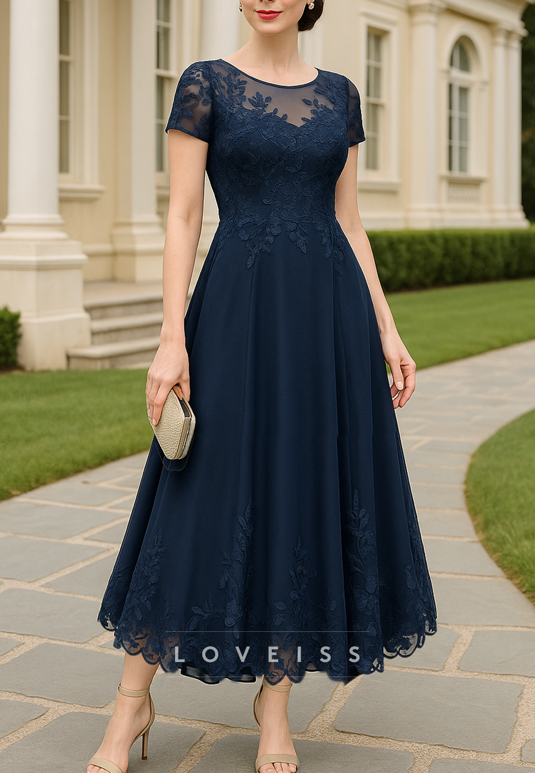 Scoop Short Sleeves Appliques A-Line Mother of Bride Dress