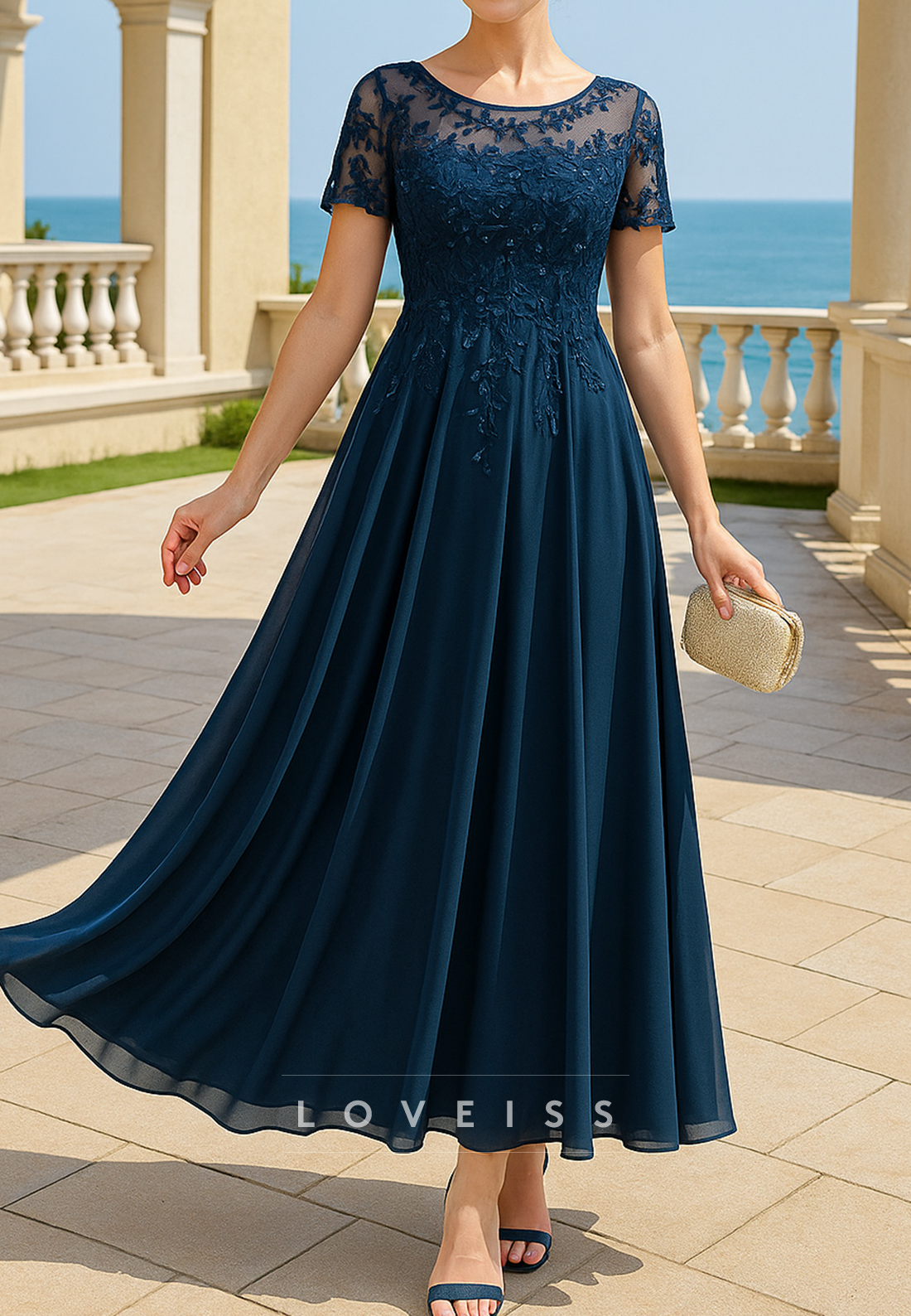 Scoop Short Sleeves Appliques Chiffon A-Line Mother of Bride Dress