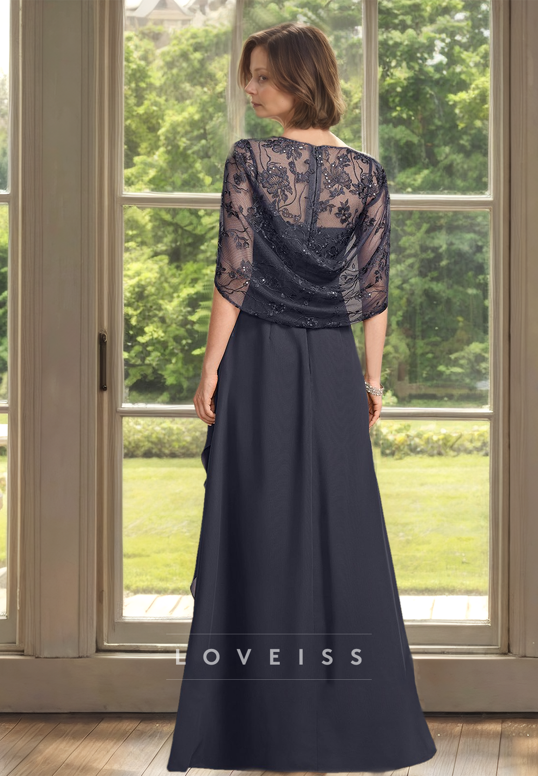 Scoop Short Sleeves Appliques Ruched Chiffon Sheath Mother of Bride Dress