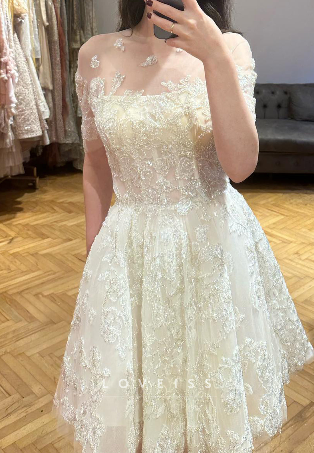 Scoop Short Sleeves Appliques Sparkly A-Line Short Wedding Dress