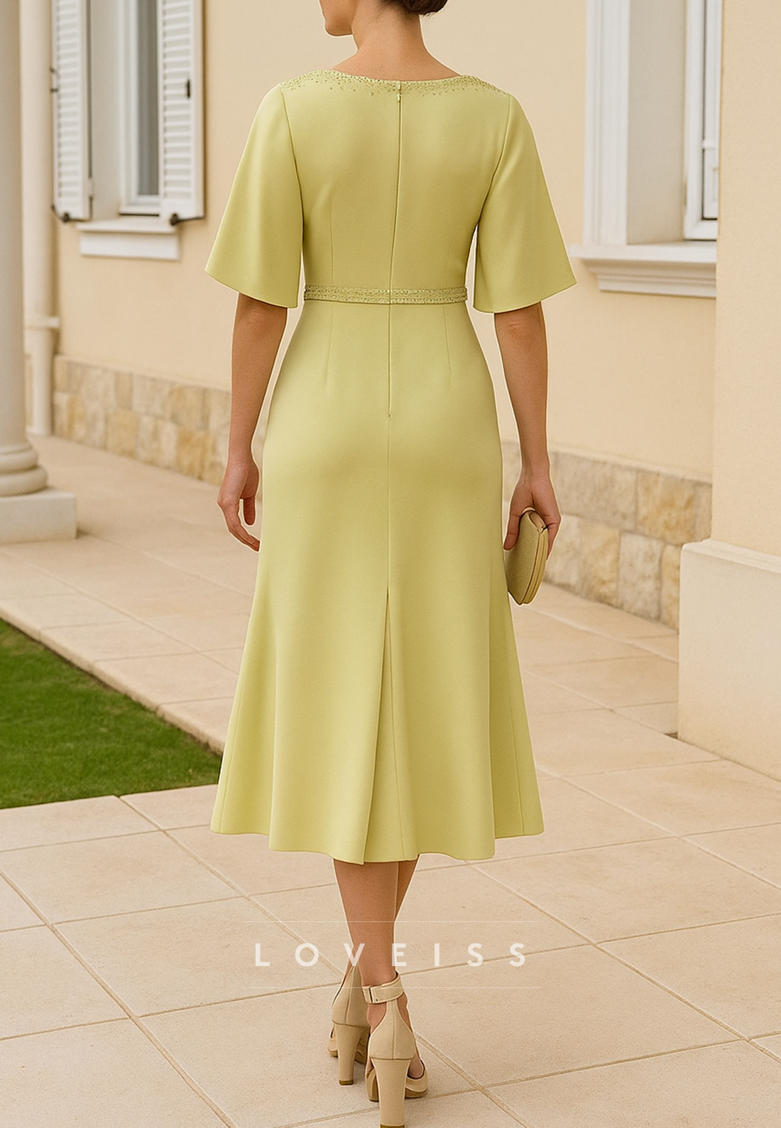 Scoop Short Sleeves Beaded Sheath Mother of Bride Dress
