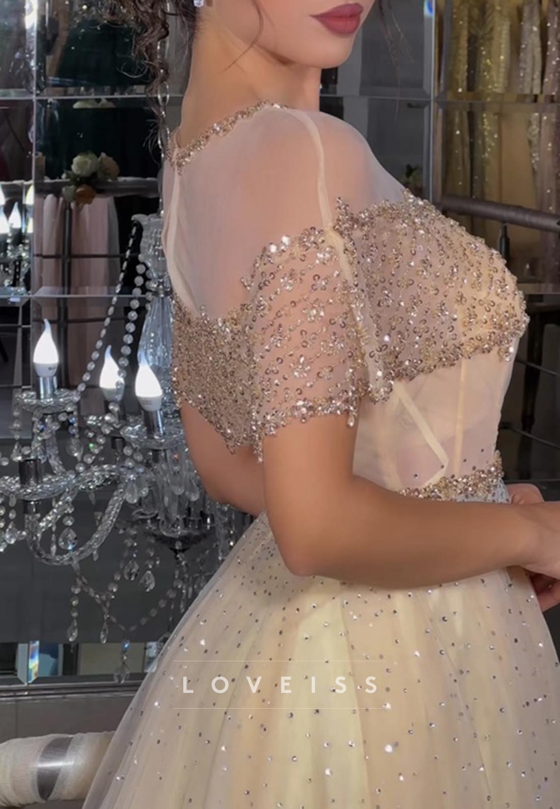 Scoop Short Sleeves Beaded Sparkly A-Line Prom Dress