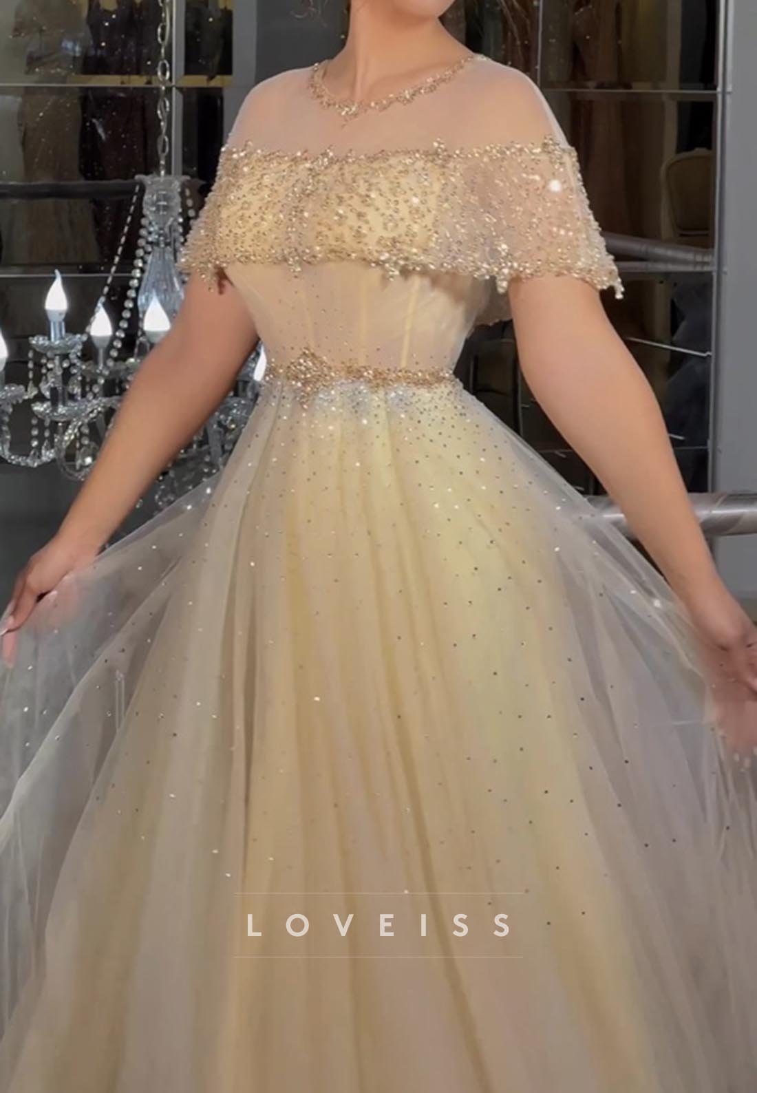 Scoop Short Sleeves Beaded Sparkly A-Line Prom Dress