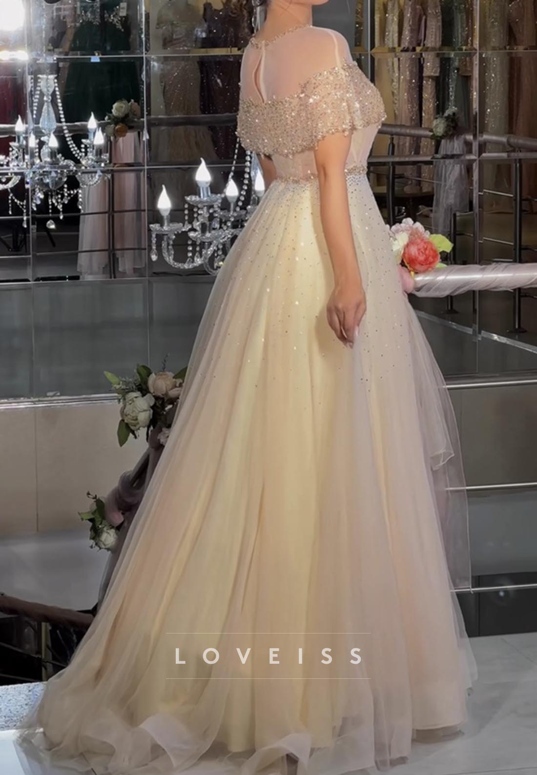 Scoop Short Sleeves Beaded Sparkly A-Line Prom Dress