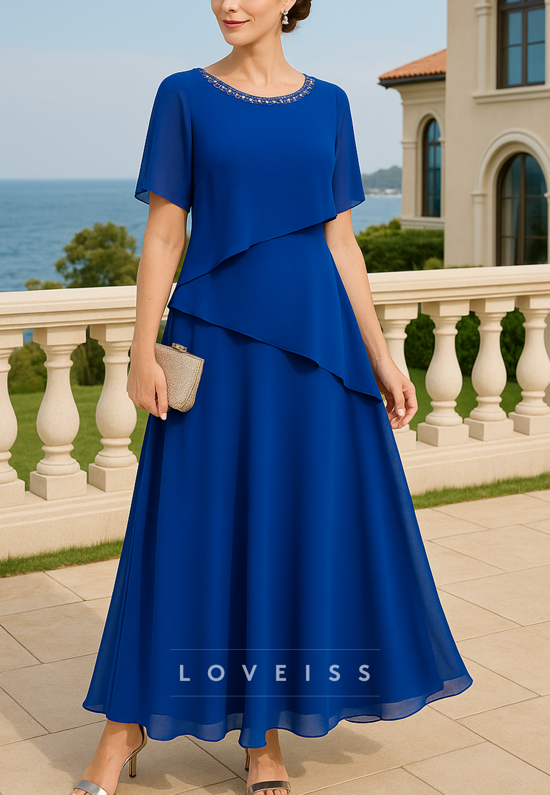 Scoop Short Sleeves Chiffon A-Line Mother of Bride Dress