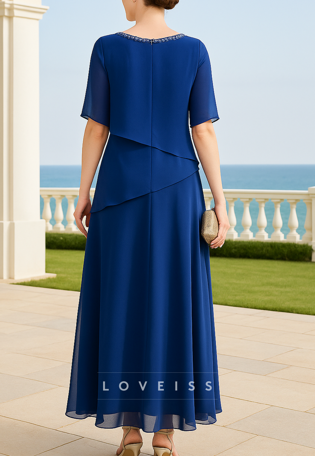 Scoop Short Sleeves Chiffon A-Line Mother of Bride Dress