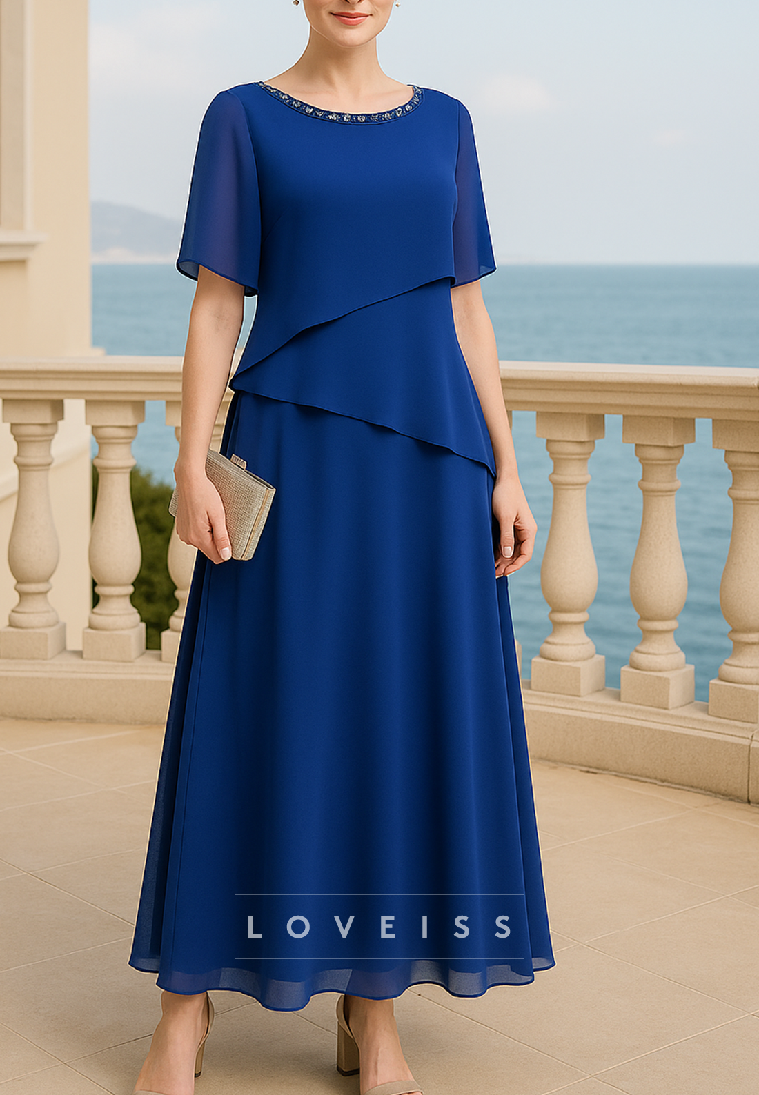 Scoop Short Sleeves Chiffon A-Line Mother of Bride Dress