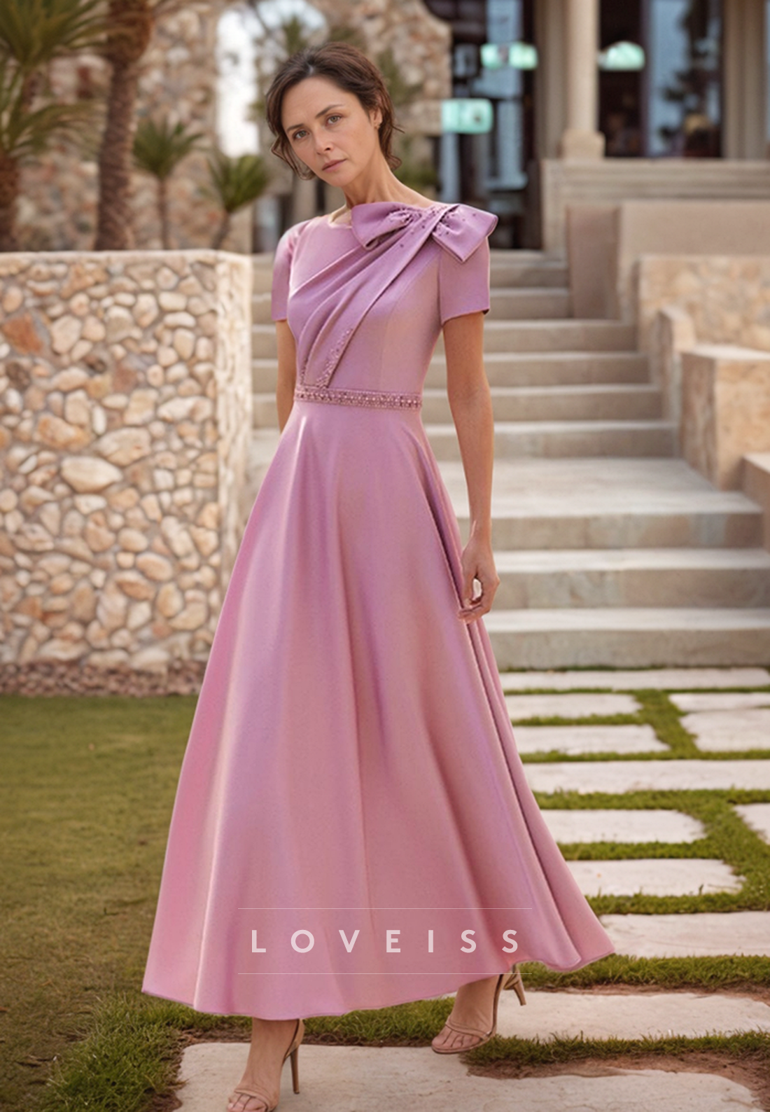 Scoop Short Sleeves Pleated A-Line Mother of Bride Dress