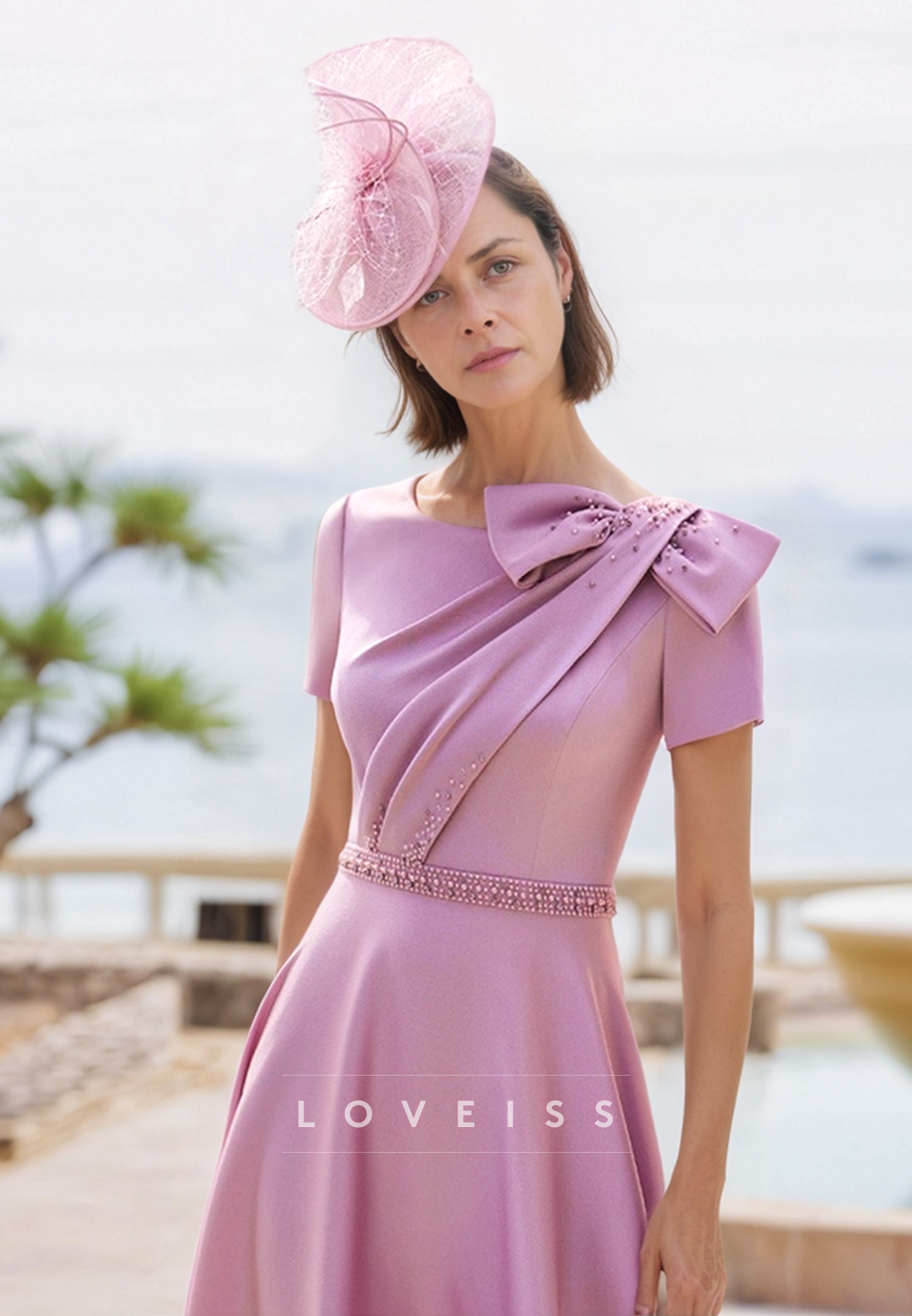 Scoop Short Sleeves Pleated A-Line Mother of Bride Dress