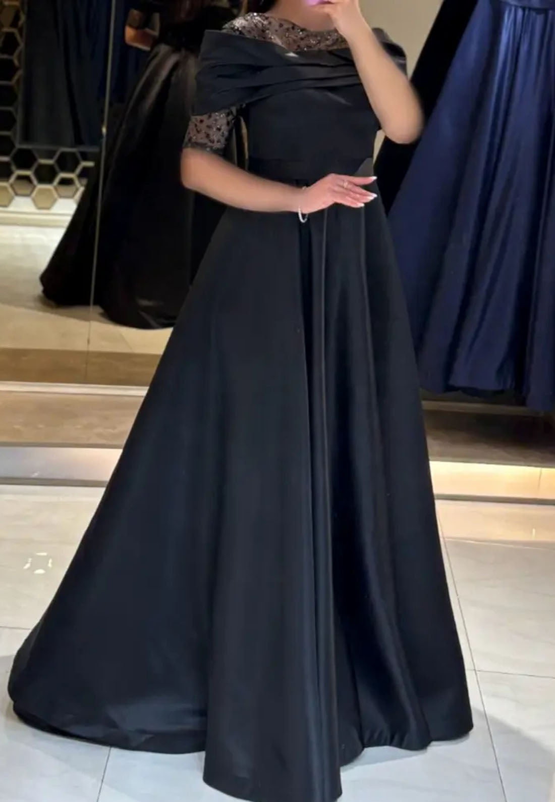 Scoop Short Sleeves Pleated Beading A-Line Evening Dress