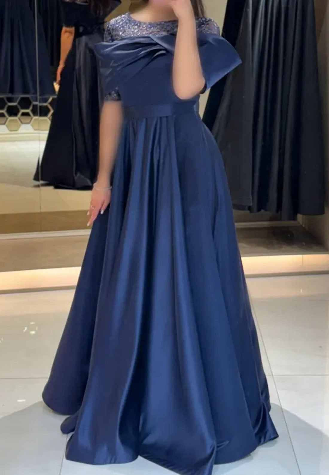 Scoop Short Sleeves Pleated Beading A-Line Evening Dress