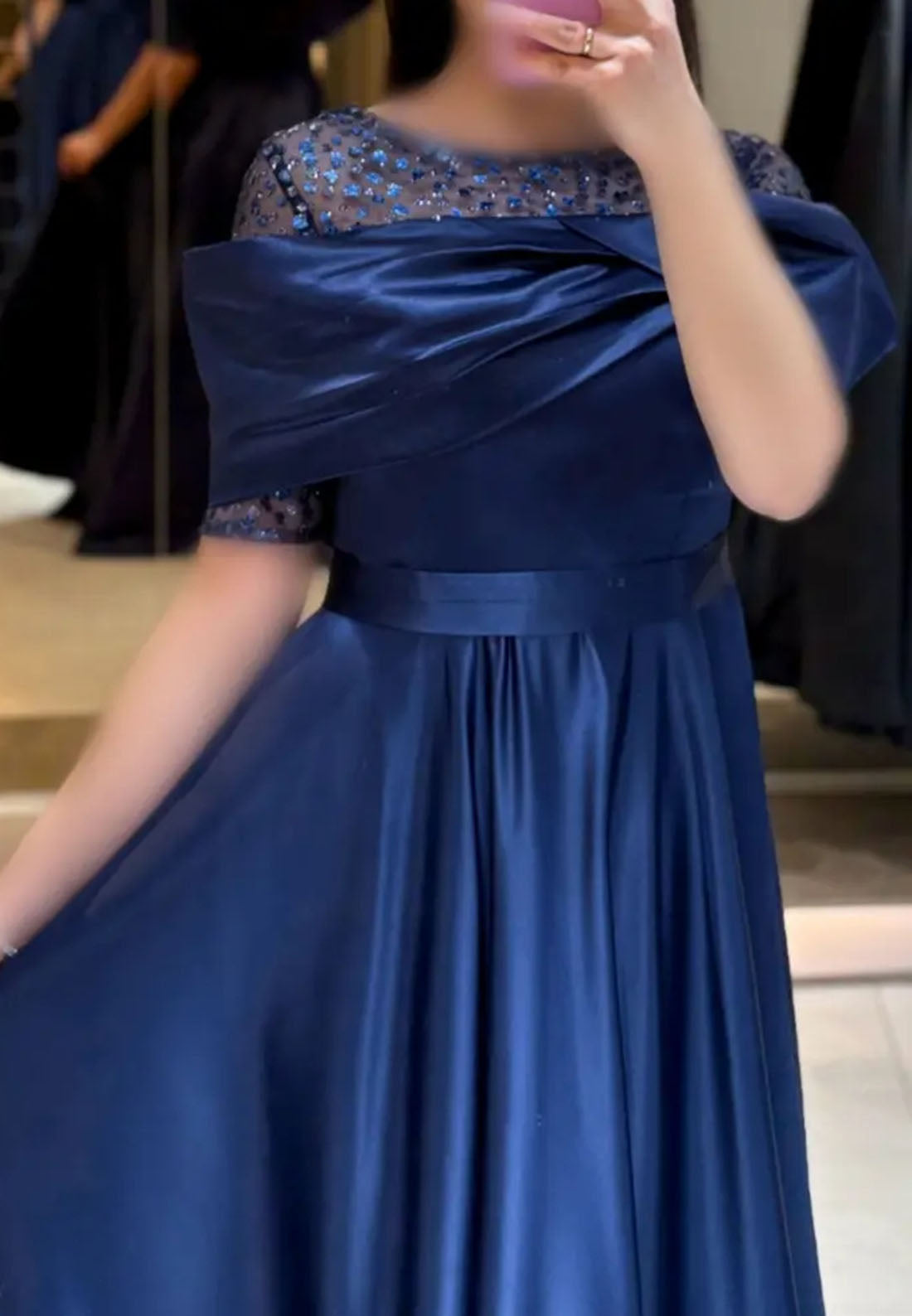 Scoop Short Sleeves Pleated Beading A-Line Evening Dress