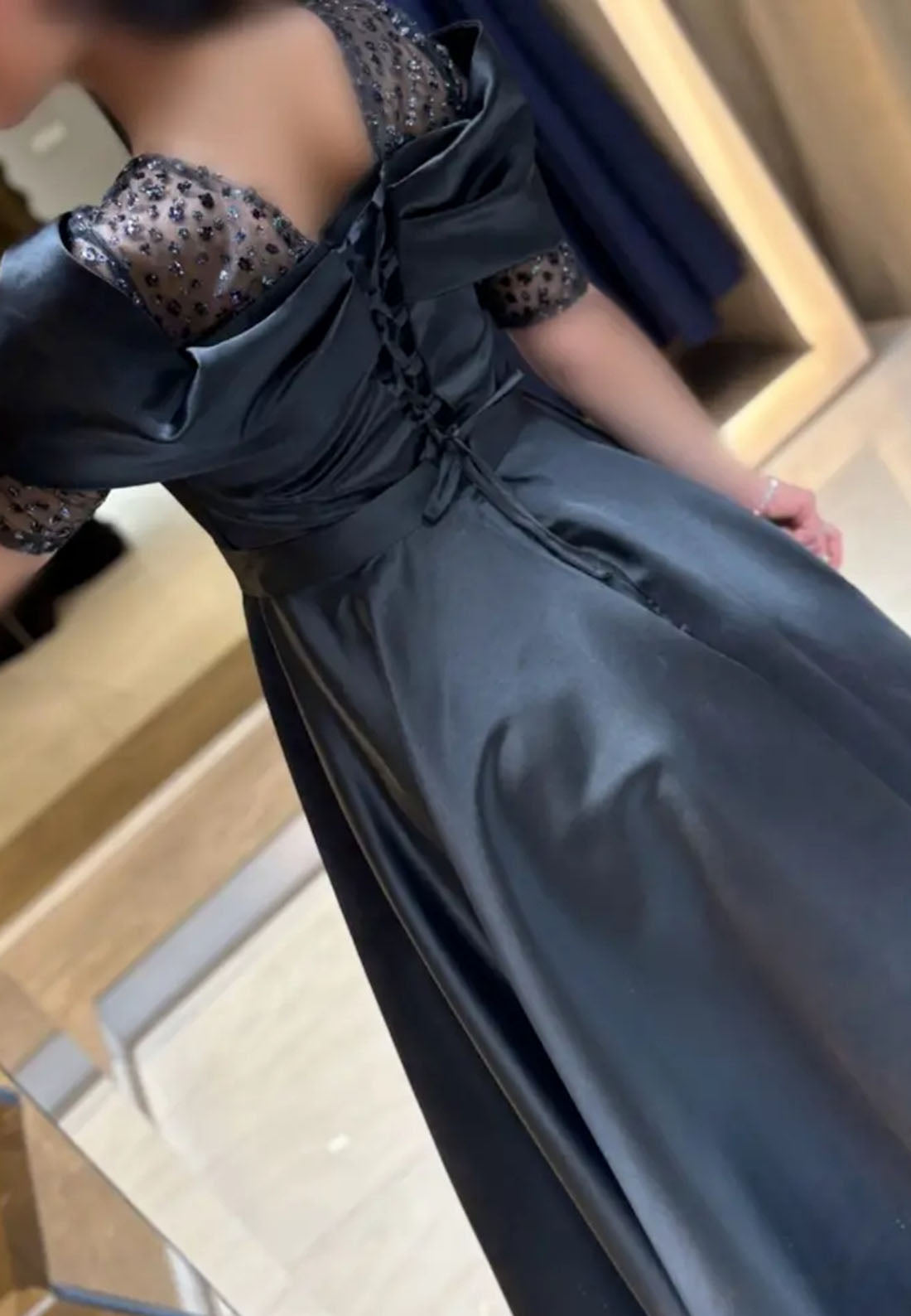 Scoop Short Sleeves Pleated Beading A-Line Evening Dress