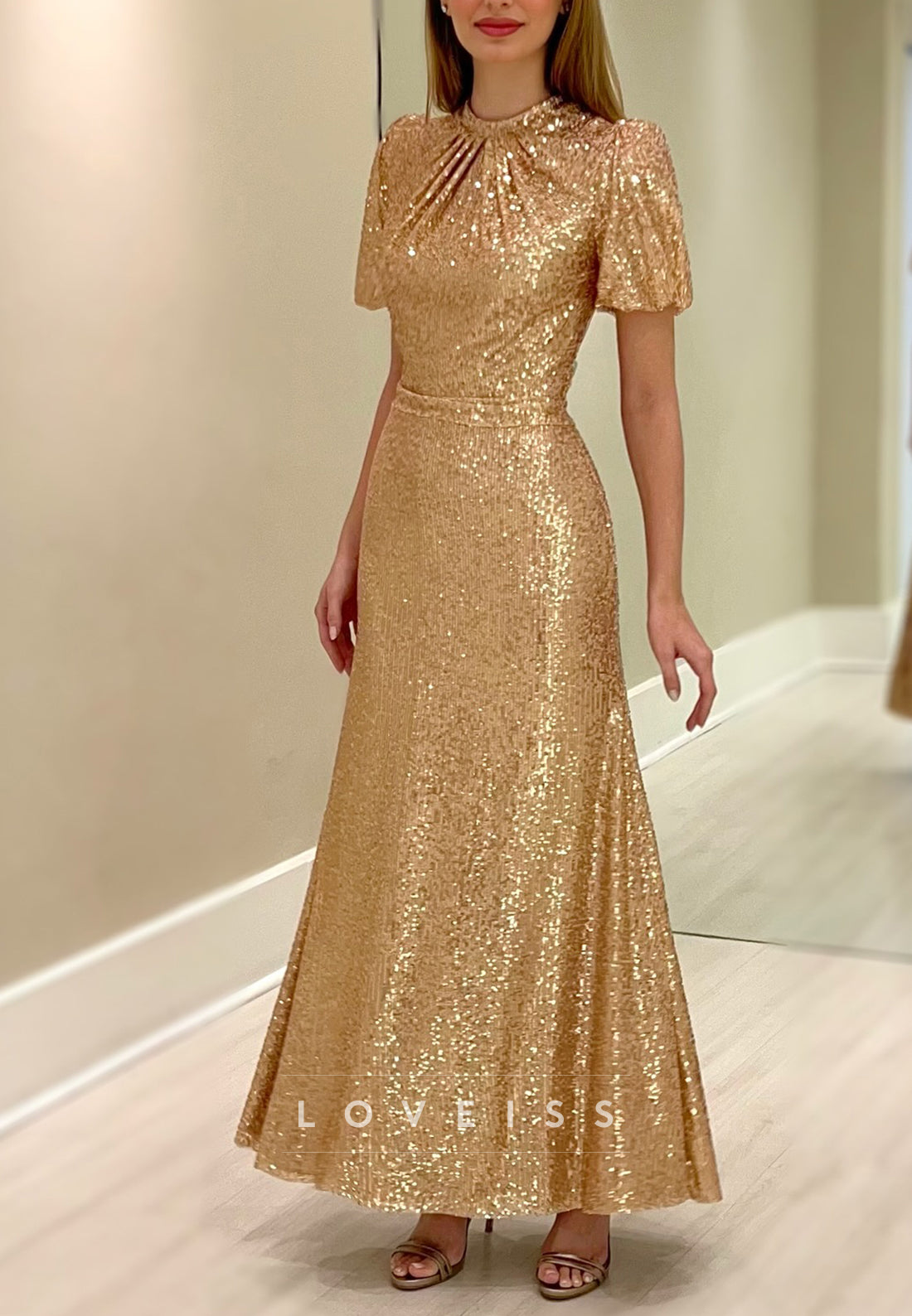 Scoop Short Sleeves Sequins Sparkly A-Line Mother of Bride Dress