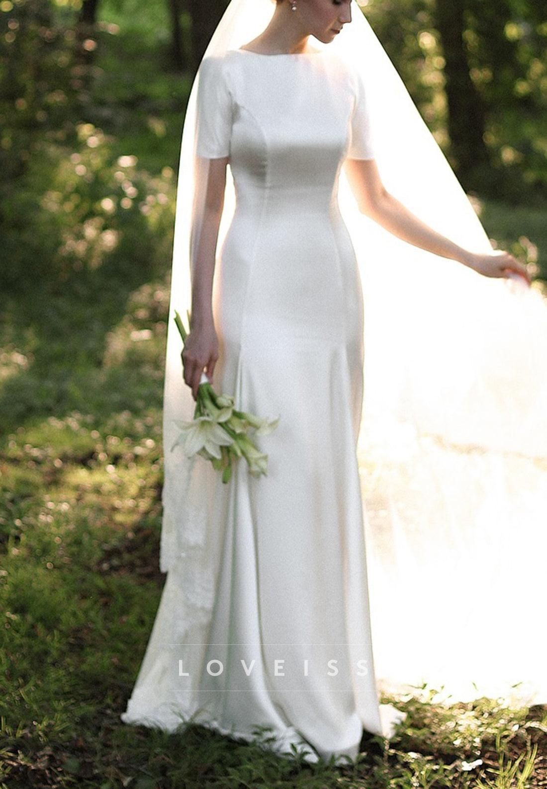 Scoop Short Sleeves Sleek Sheath Simple Wedding Dress