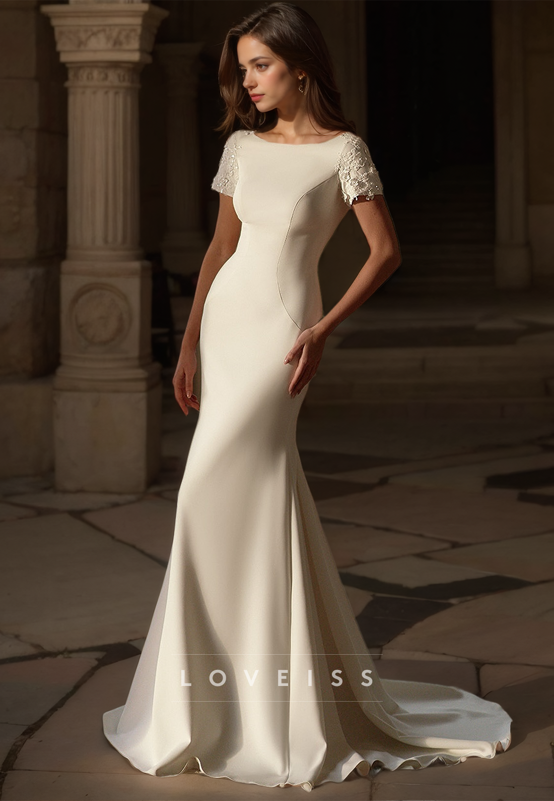 Scoop Short Sleevs Appliques Sleek Mermaid Wedding Dress