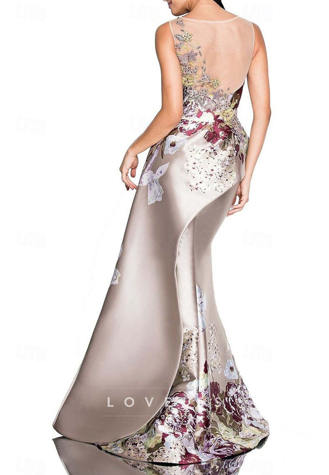 Scoop Sleeveles Floral Printed Mermaid Mother of Bride Dress
