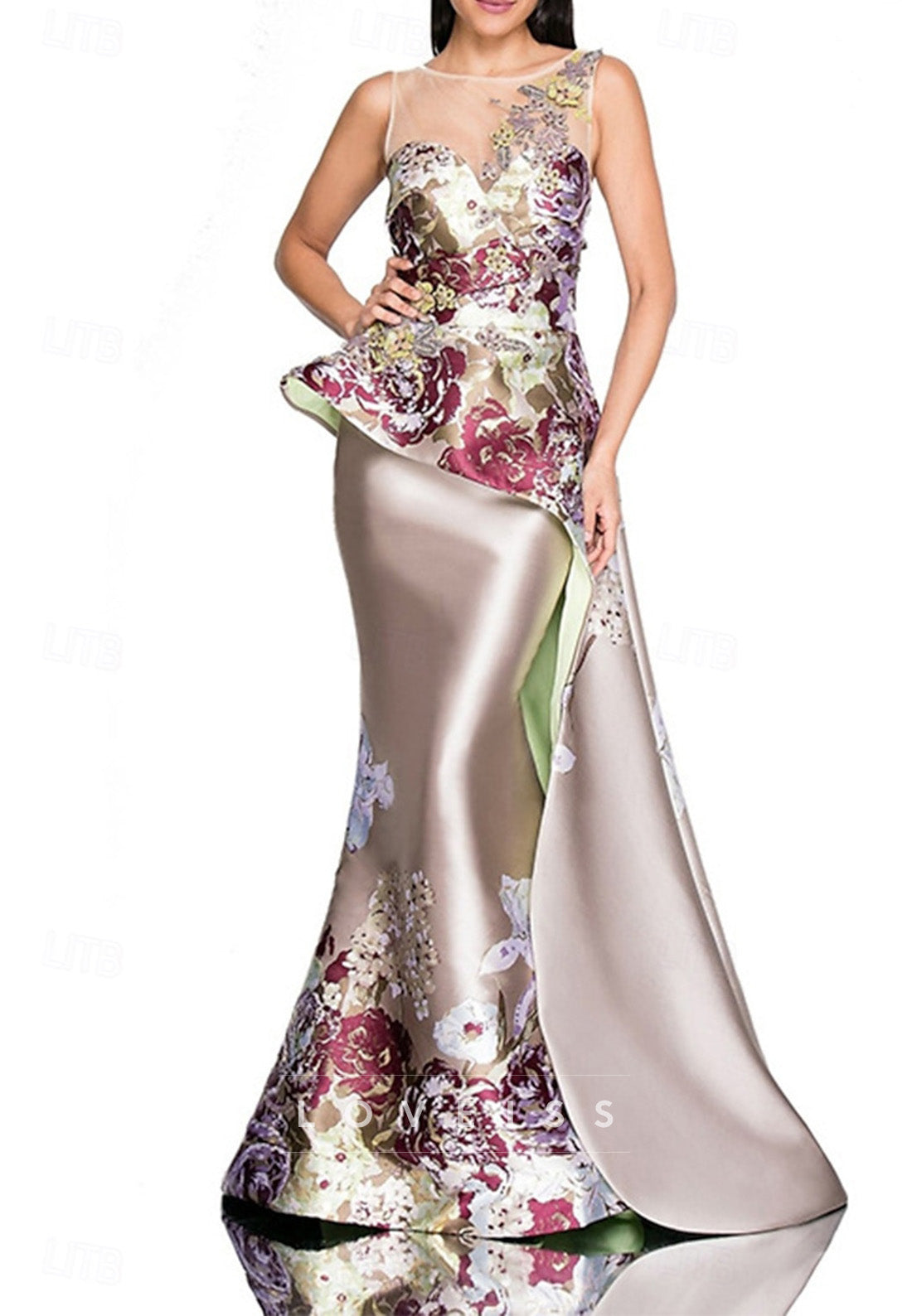 Scoop Sleeveles Floral Printed Mermaid Mother of Bride Dress