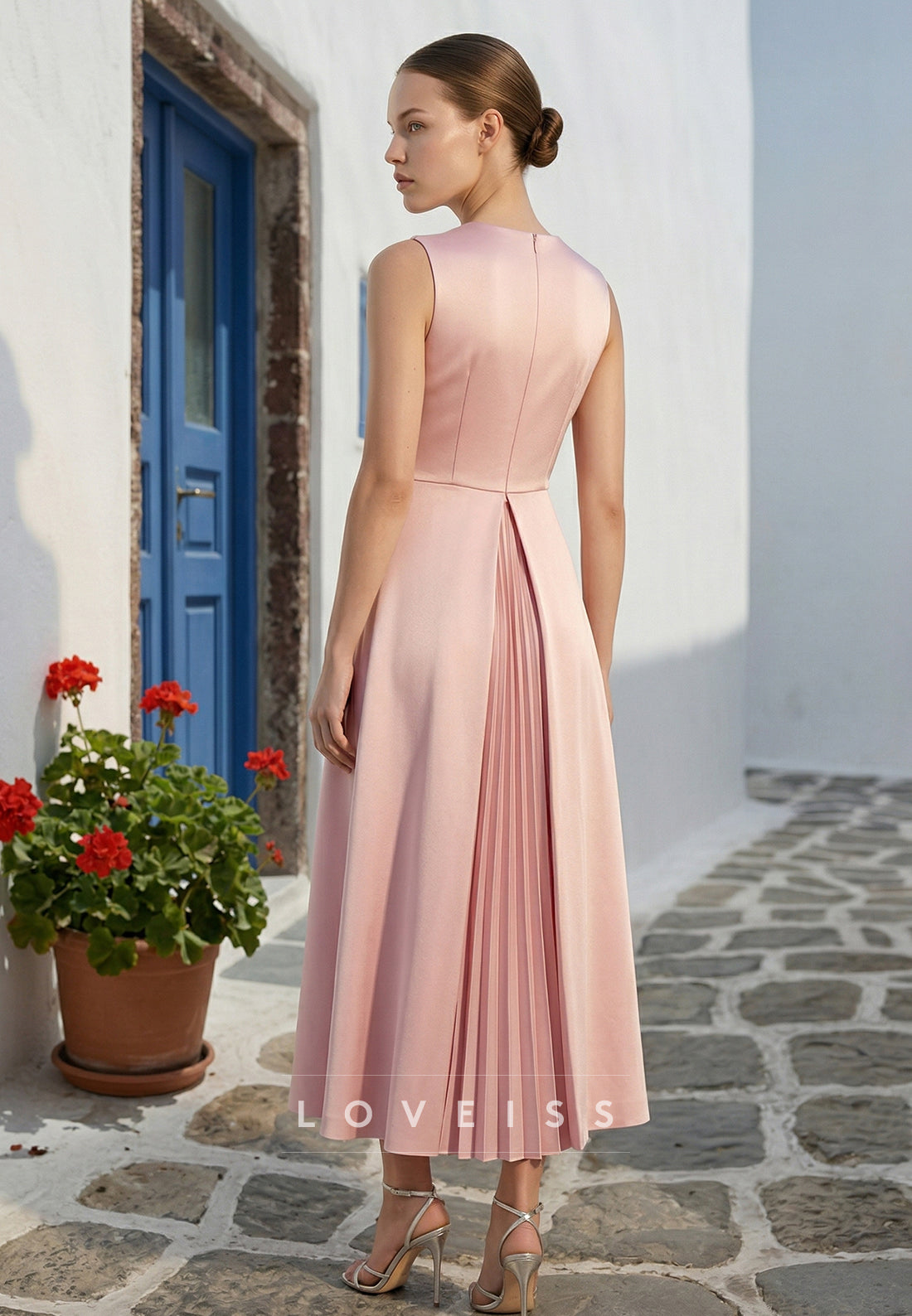 Scoop Sleeveless Pleated Ruffles A-Line Wedding Guest Dress
