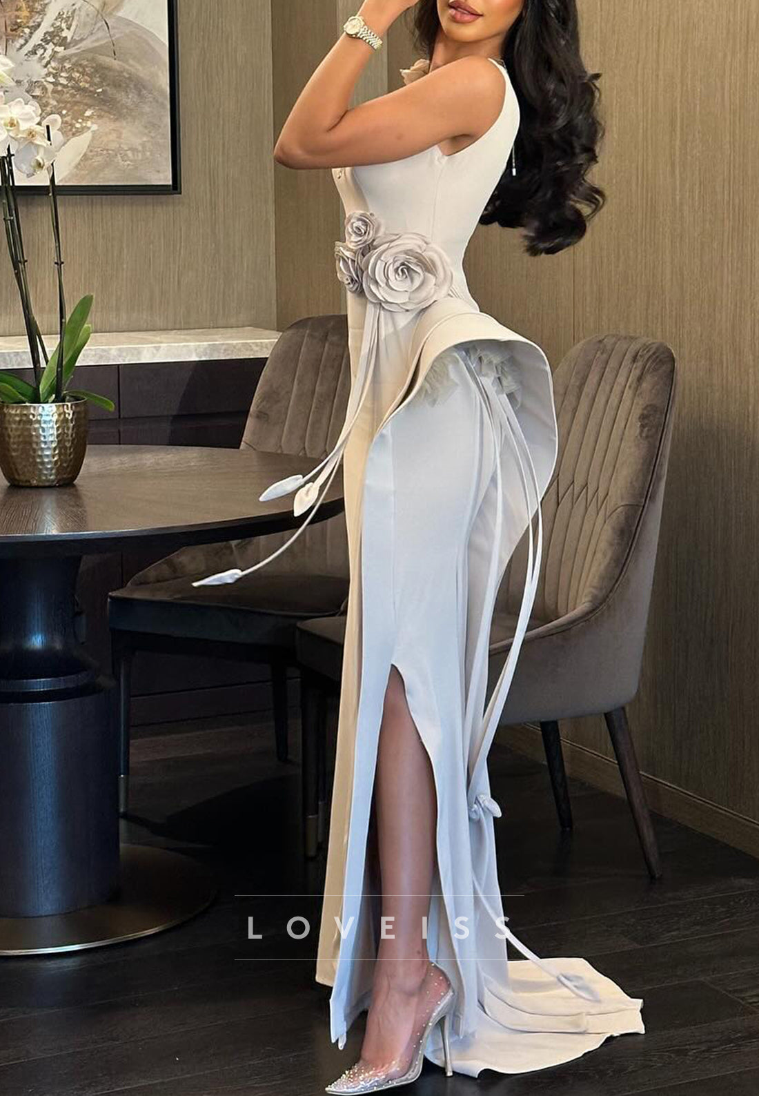 Scoop Sleeveless Sleek 3D Floral Sheath Evening Dress