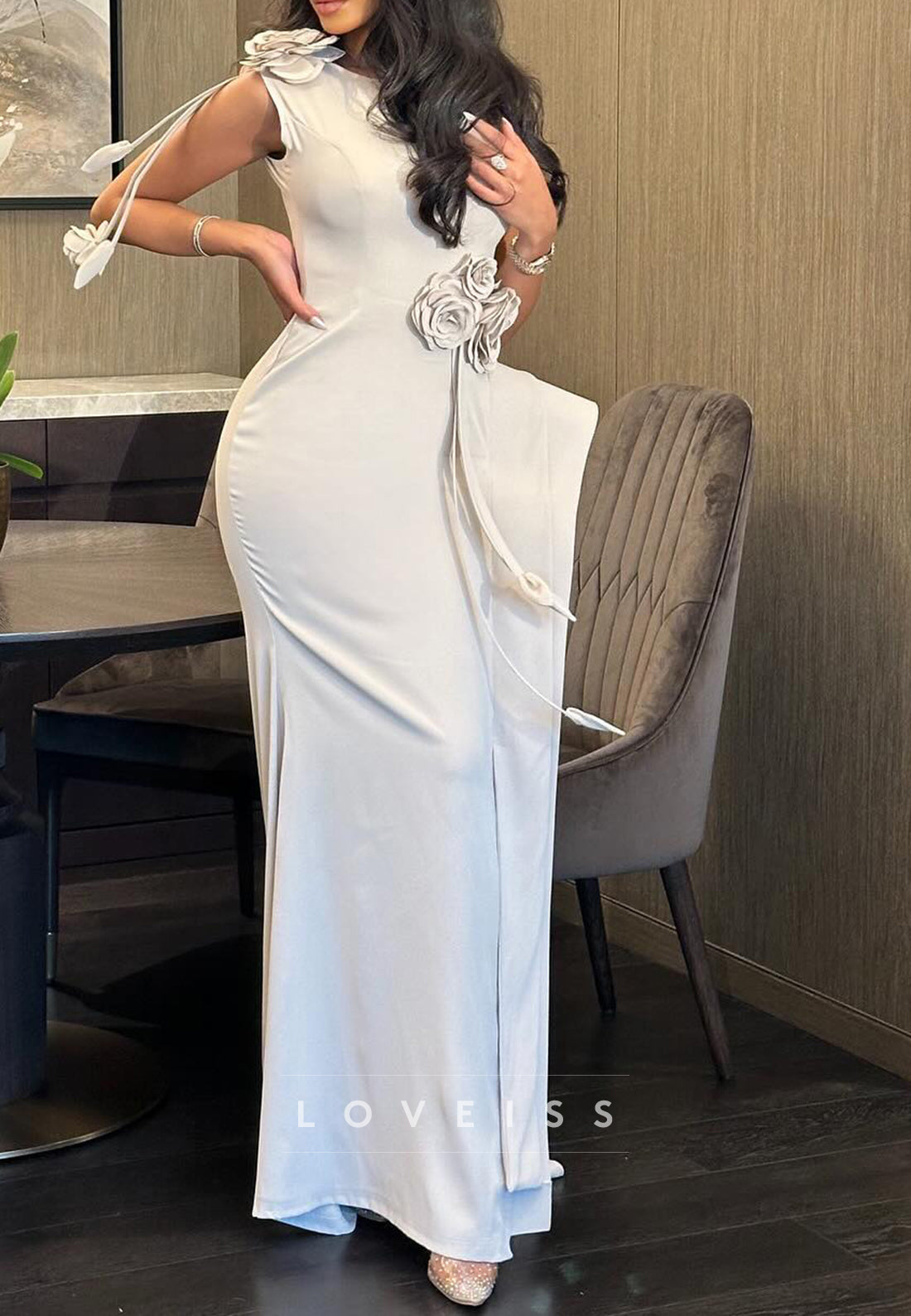 Scoop Sleeveless Sleek 3D Floral Sheath Evening Dress