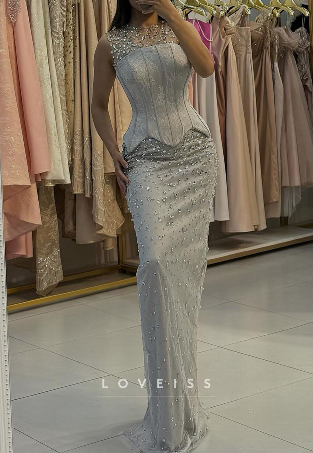 Scoop Sleeves Beaded Sparkly Appliques Mermaid Evening Dress