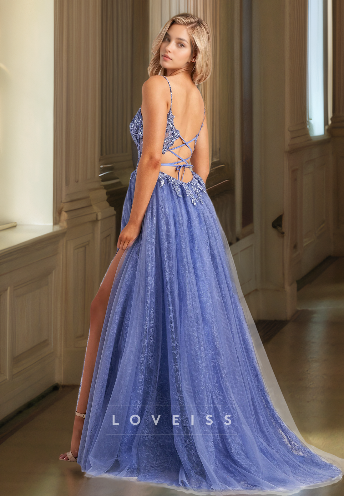Scoop Spaghetti Straps Appliques Pleated A-Line Prom Dress