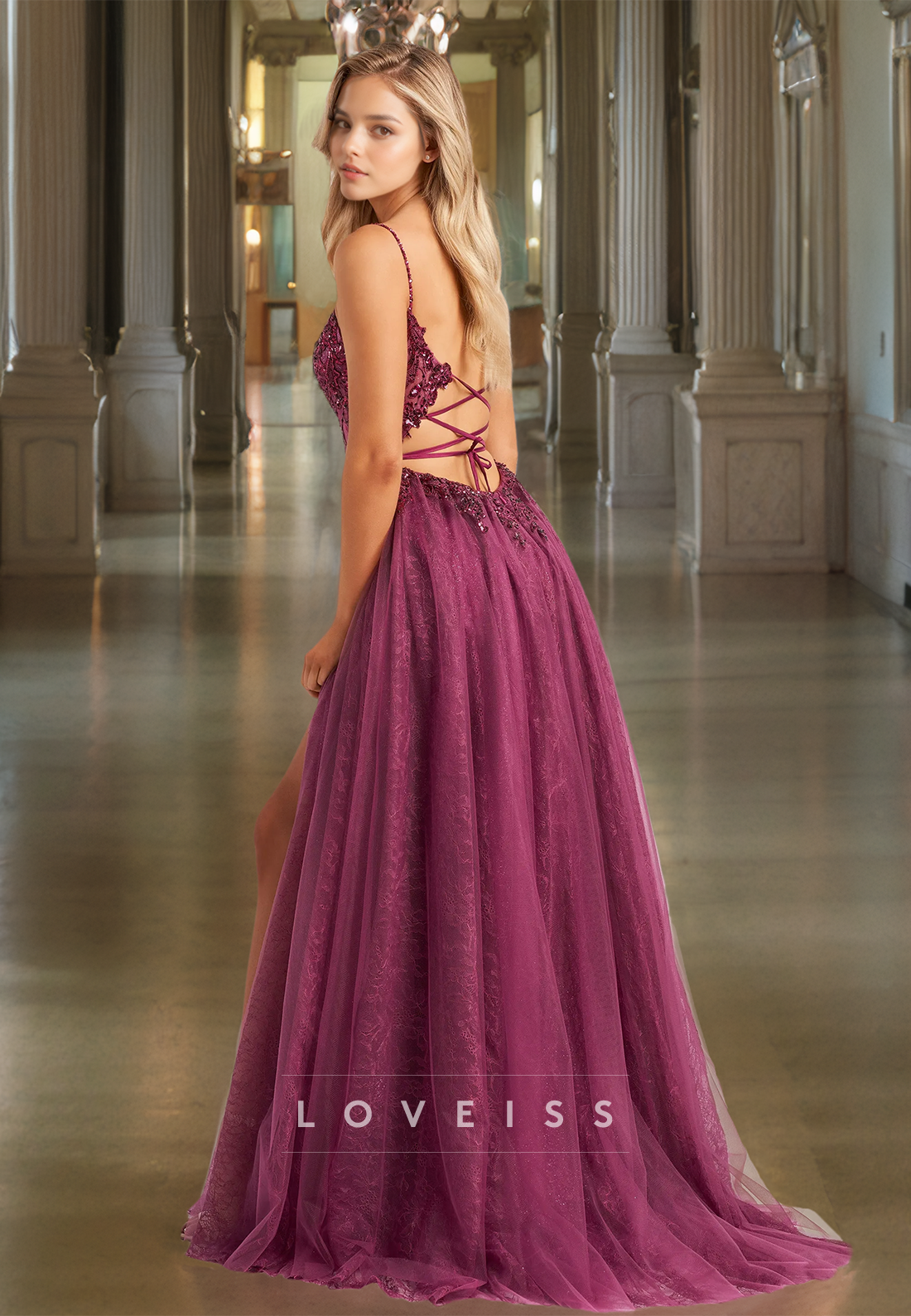 Scoop Spaghetti Straps Appliques Pleated A-Line Prom Dress