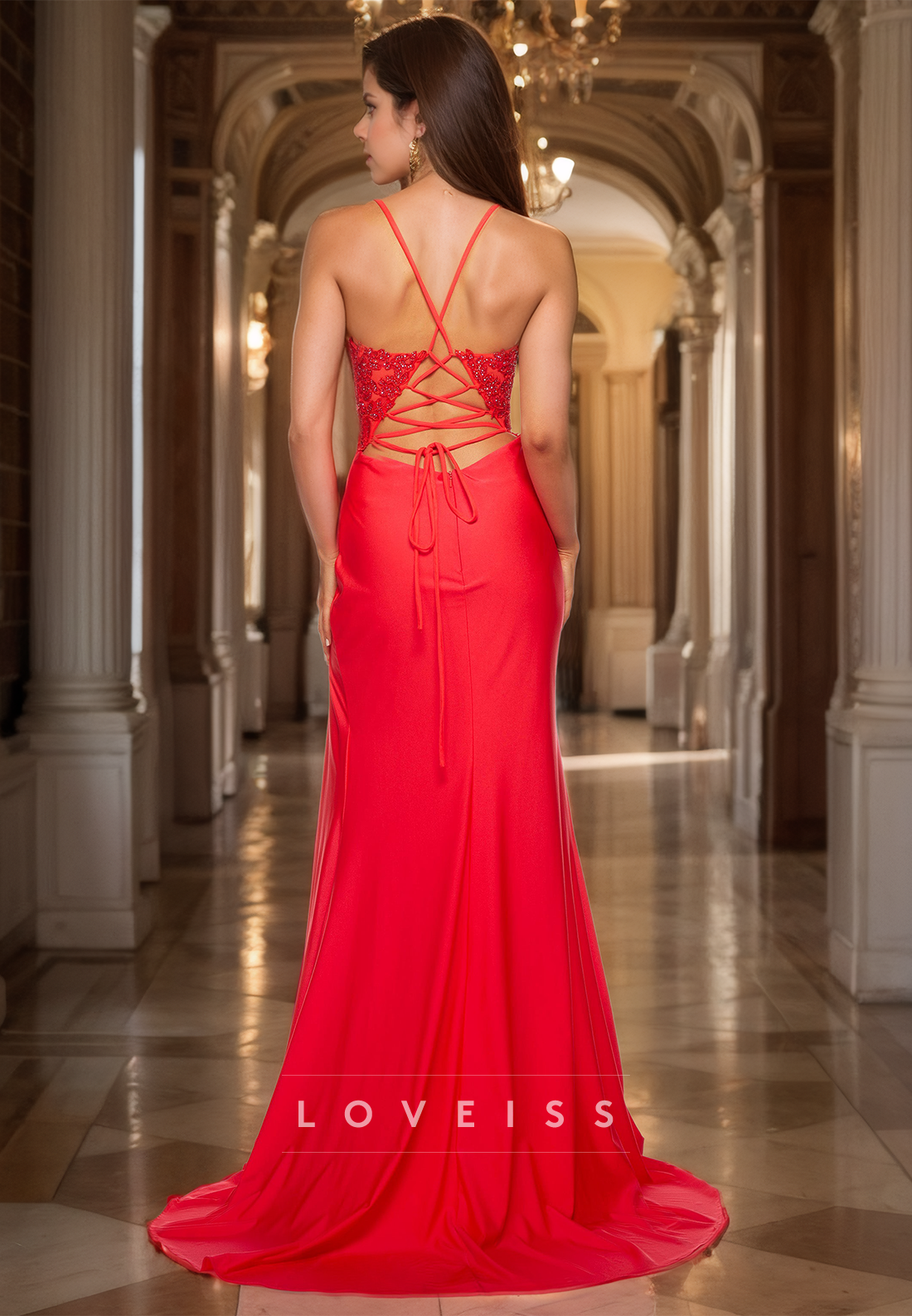 Scoop Spaghetti Straps Appliques Ruched Sheath Prom Dress