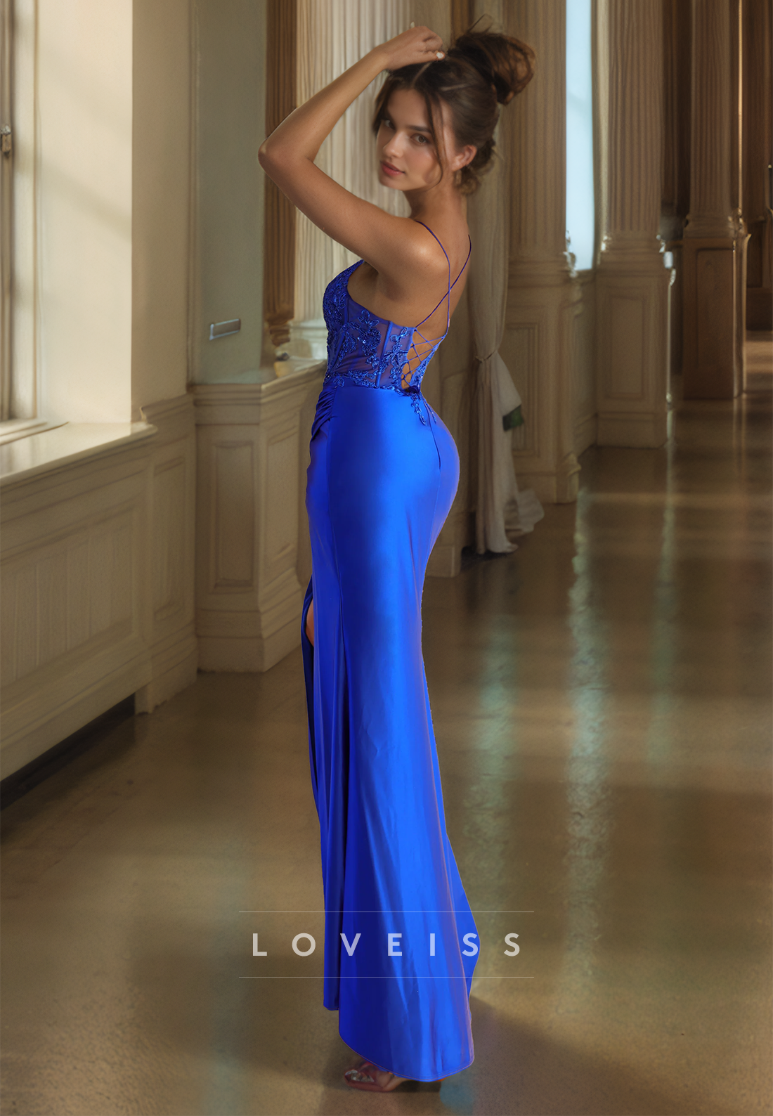 Scoop Spaghetti Straps Appliques Ruched Sheath Prom Dress