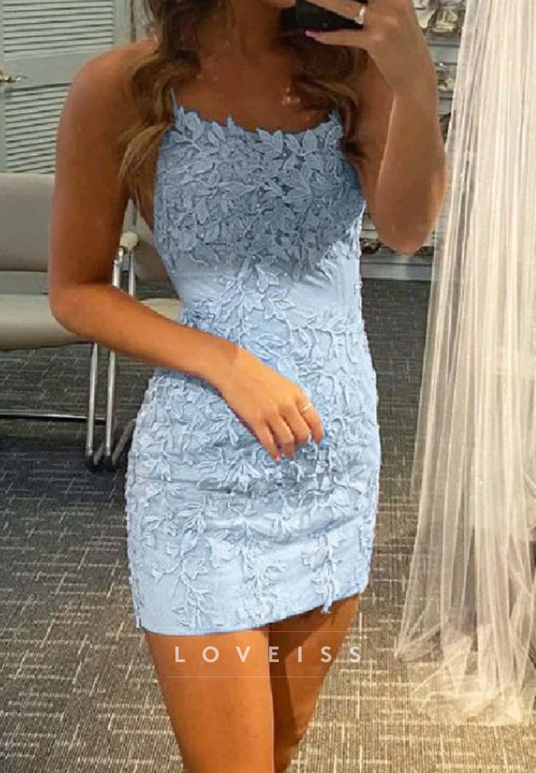 Scoop Spaghetti Straps Appliques Sheath Party Homecoming Dress