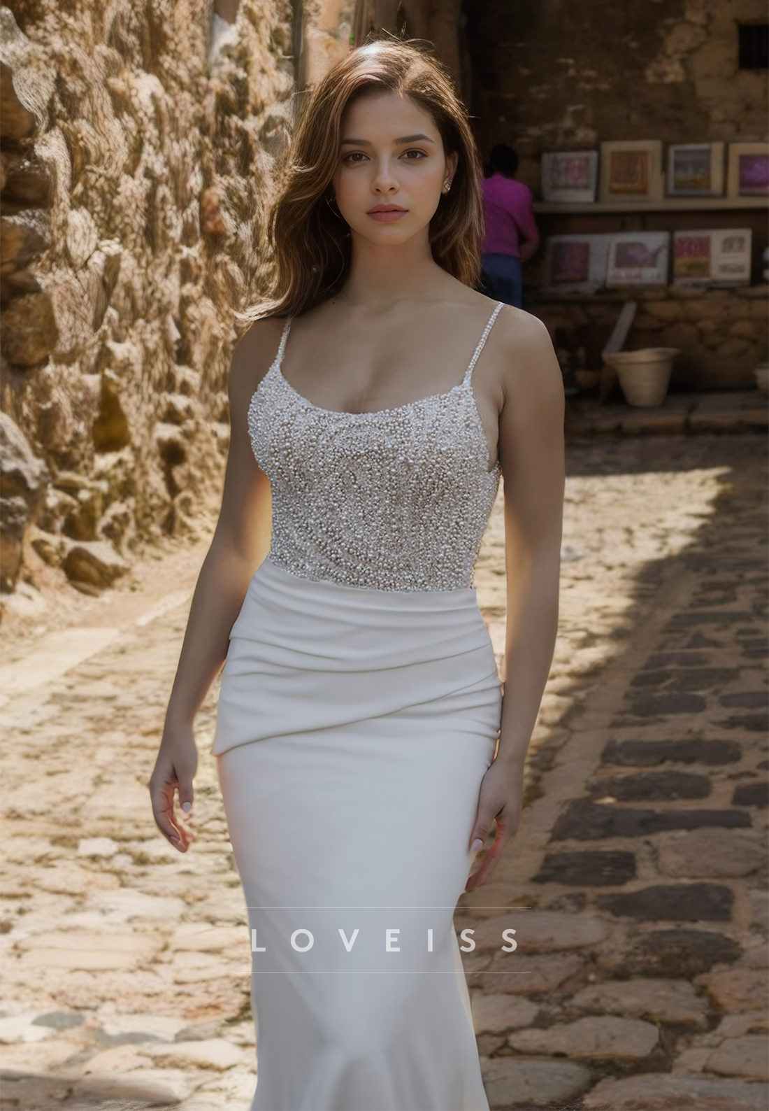 Scoop Spaghetti Straps Appliques Sleek Mermaid Wedding Dress
