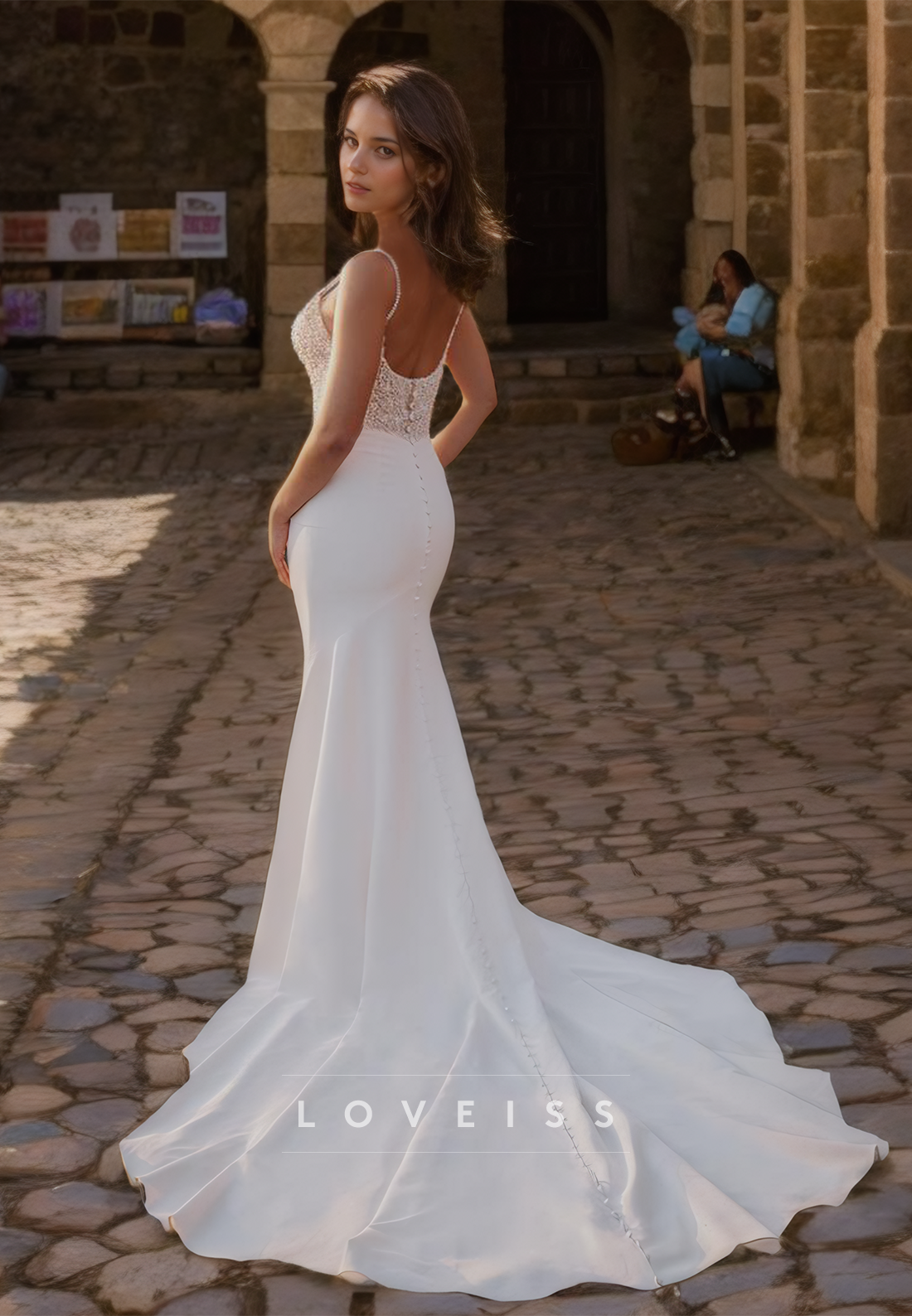 Scoop Spaghetti Straps Appliques Sleek Mermaid Wedding Dress