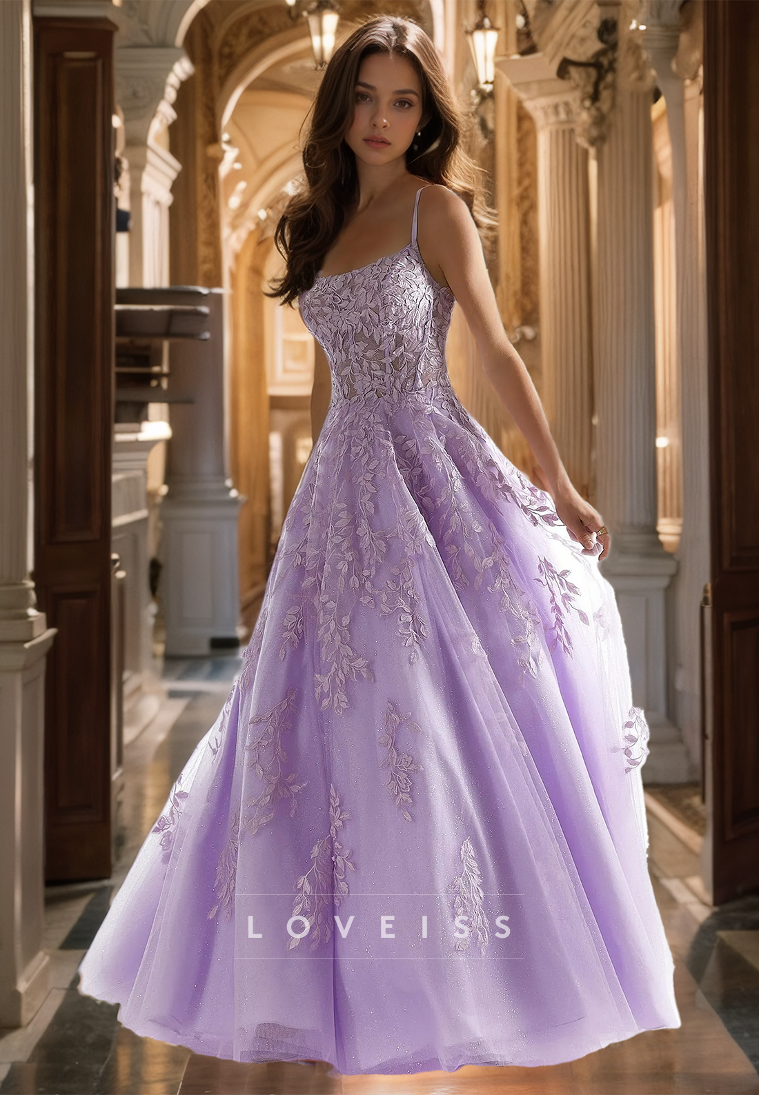 Scoop Spaghetti Straps Appliques Tulle A-Line Pretty Prom Dress