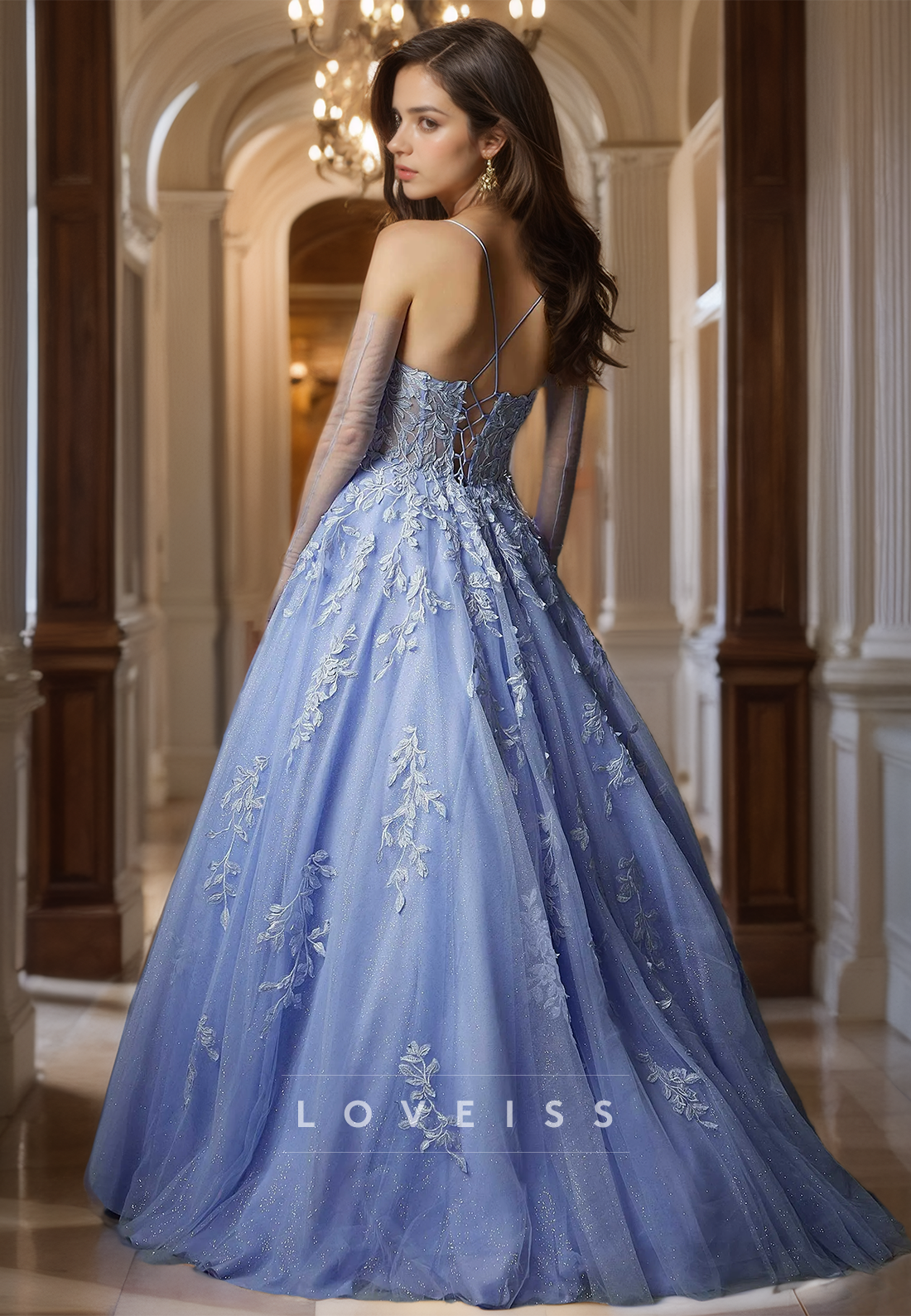 Scoop Spaghetti Straps Appliques Tulle A-Line Pretty Prom Dress