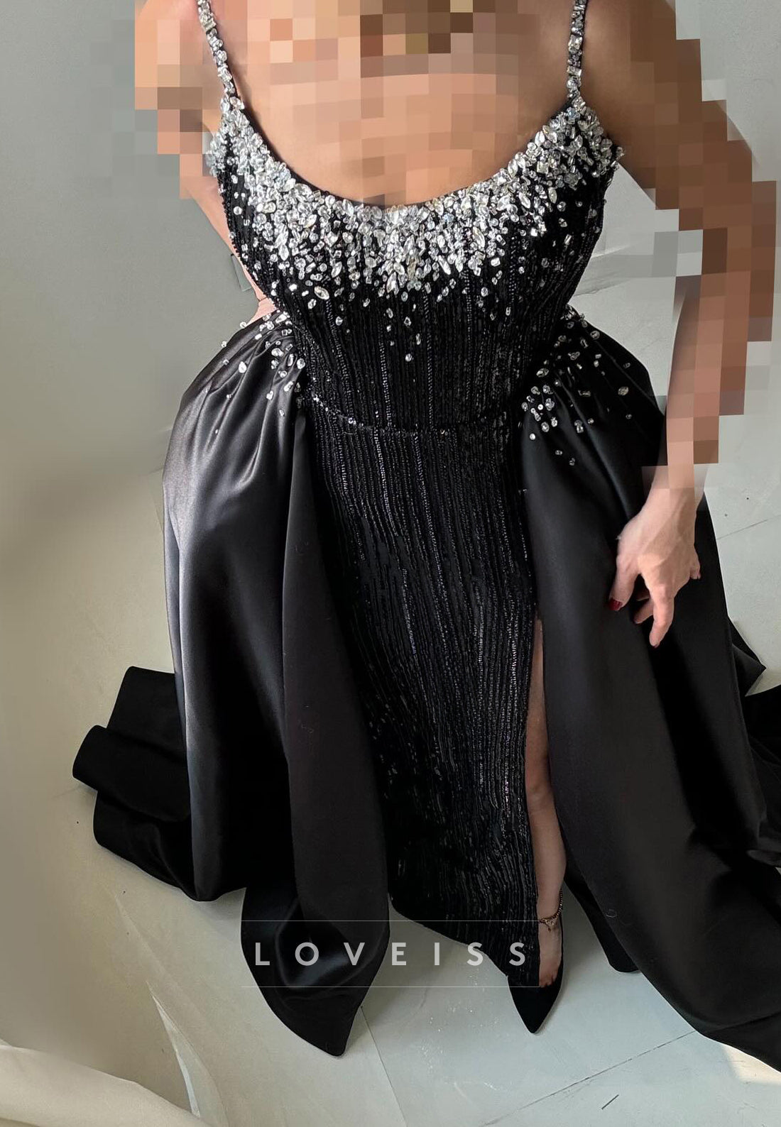 Scoop Spaghetti Straps Beaded Embroidery Sparkly Sheath Prom Dress