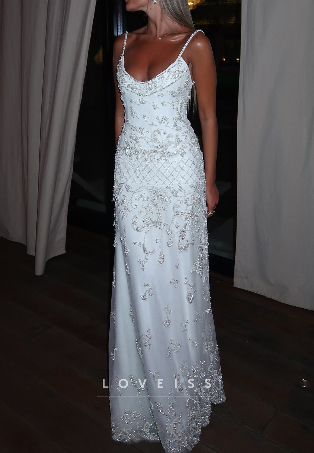 Scoop Spaghetti Straps Beaded Sheath Prom Dress