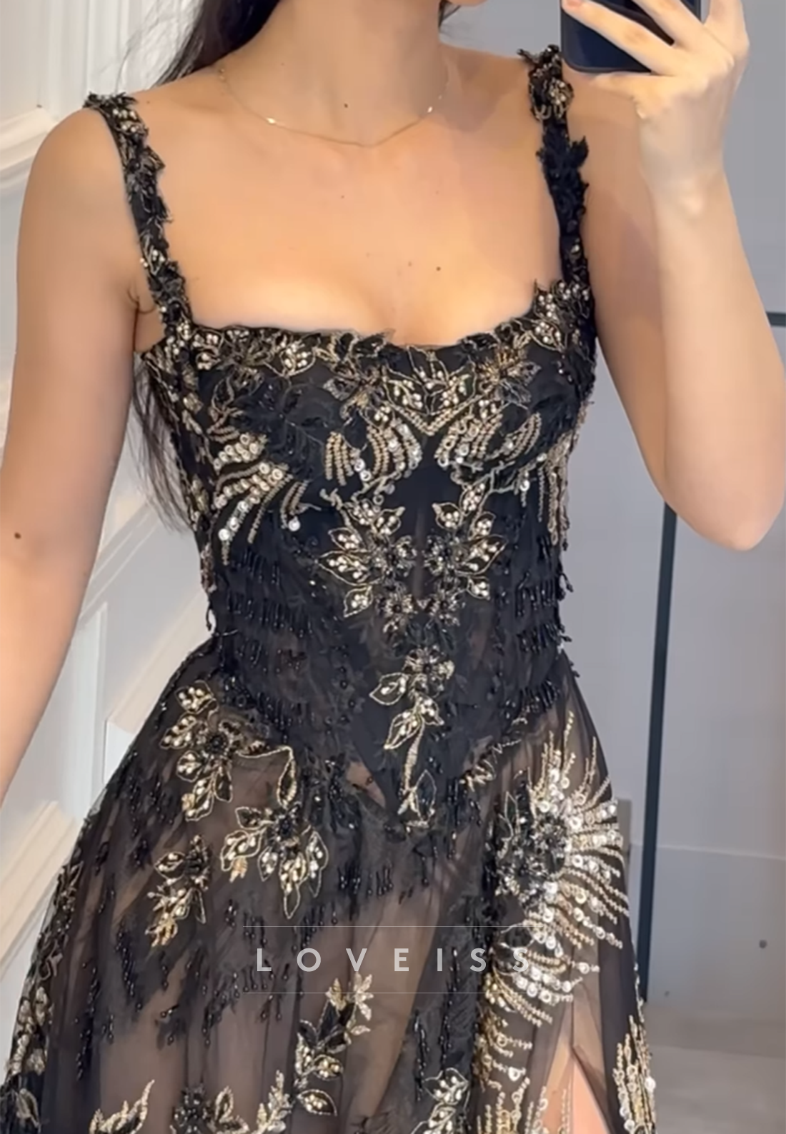 Scoop Spaghetti Straps Floral Appliques A-Line Prom Dress
