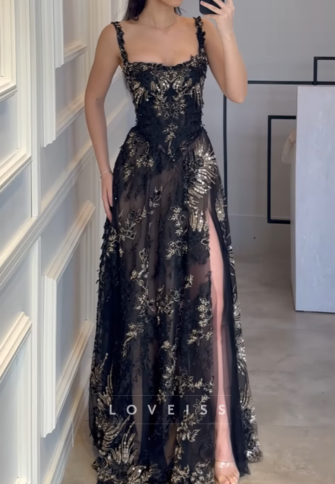 Scoop Spaghetti Straps Floral Appliques A-Line Prom Dress