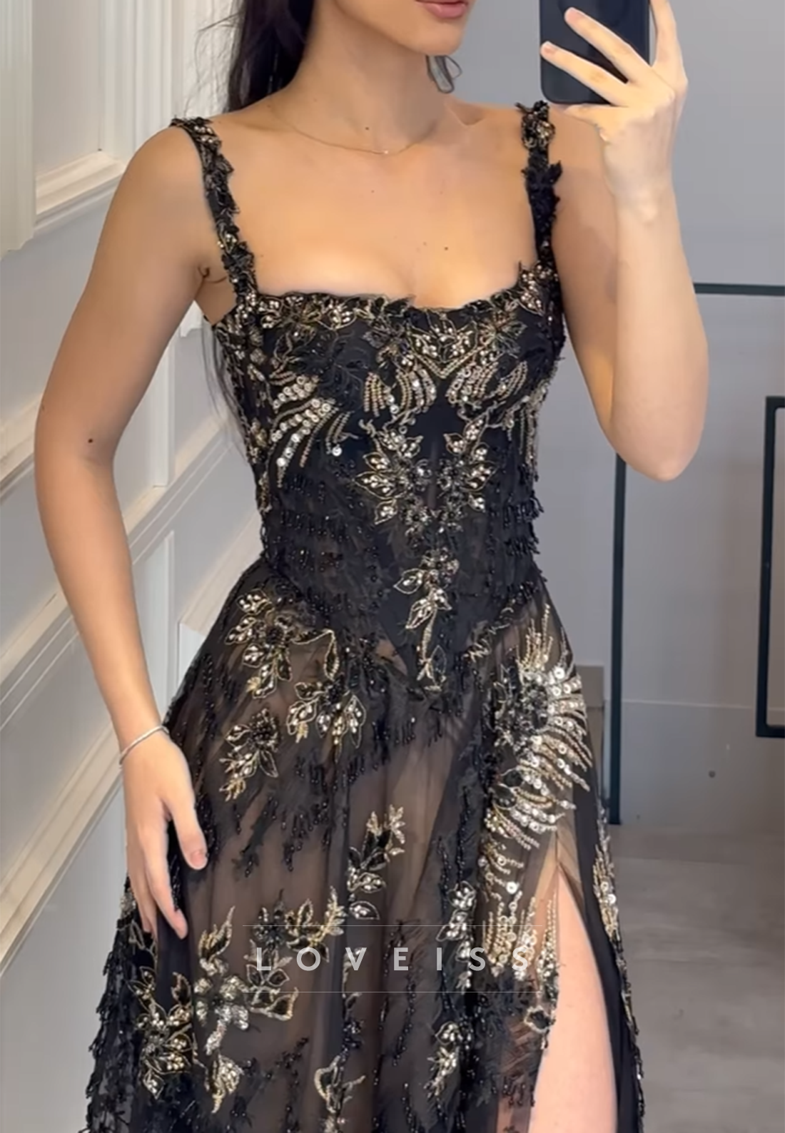 Scoop Spaghetti Straps Floral Appliques A-Line Prom Dress