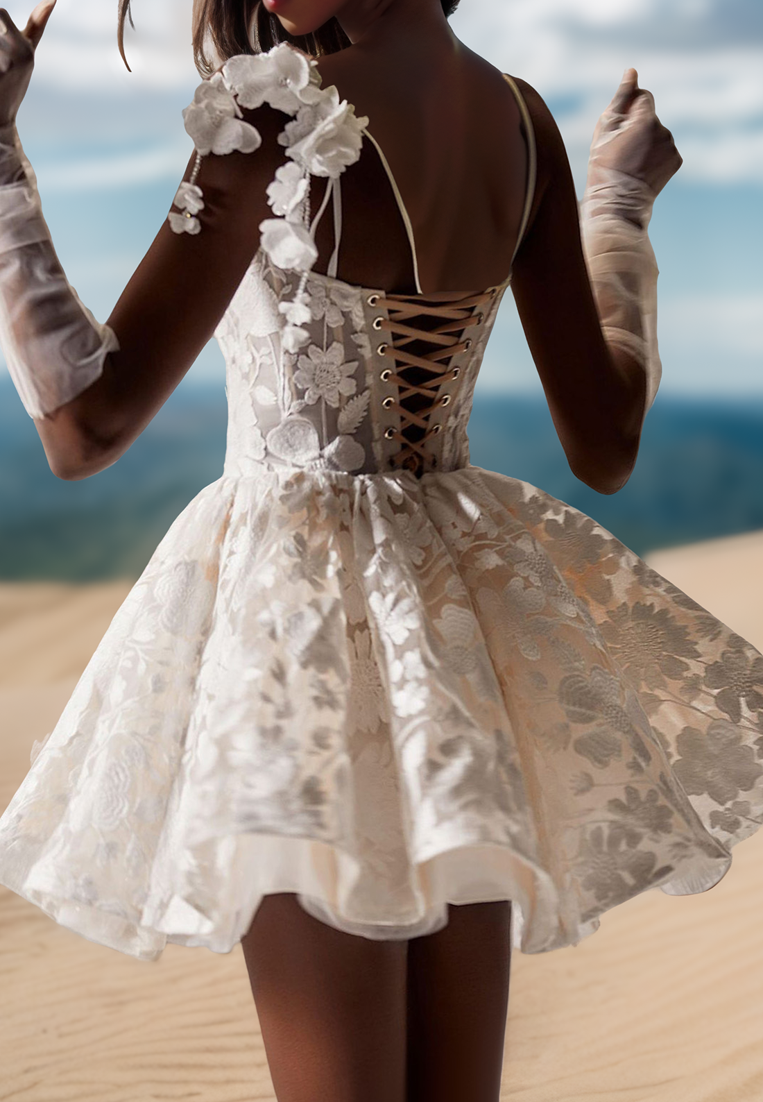 Scoop Spaghetti Straps Floral Appliques Pleated A-Line Short Beach Weding Dress