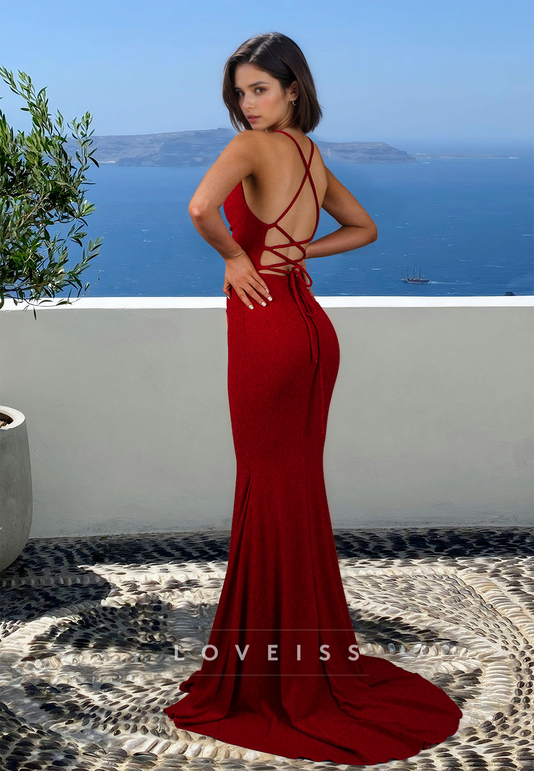 Scoop Spaghetti Straps Lace-Up Sleek Mermaid Formal Dress