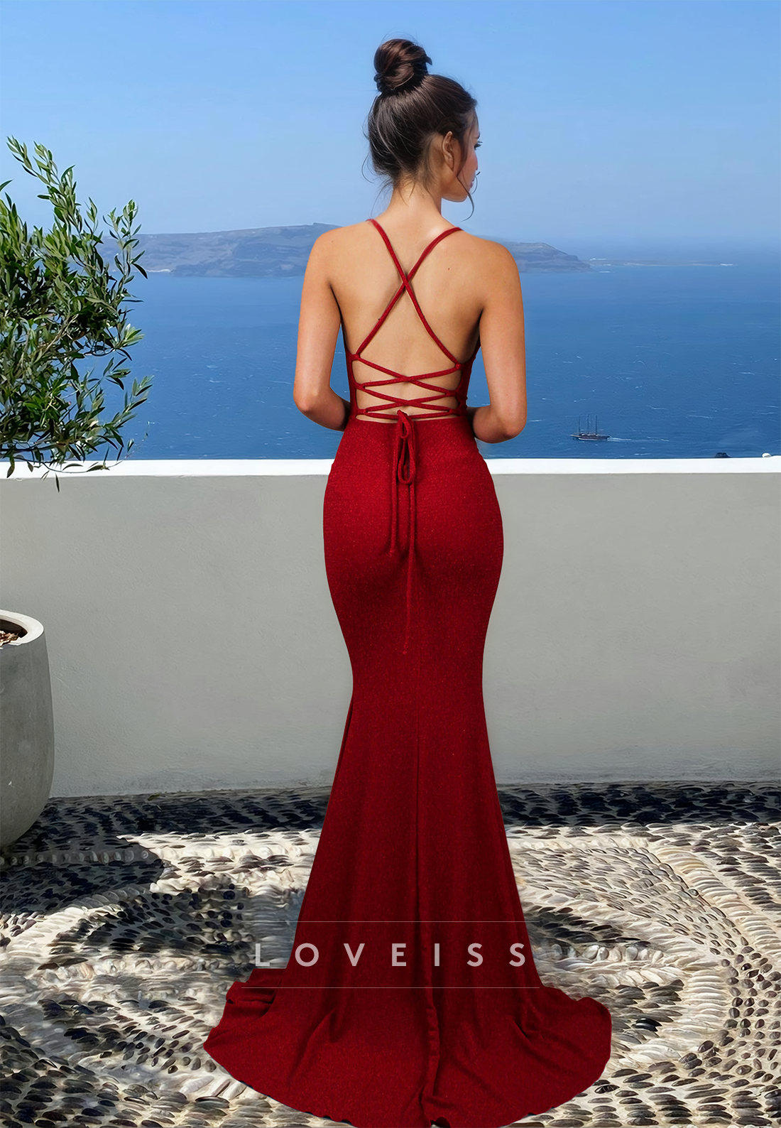 Scoop Spaghetti Straps Lace-Up Sleek Mermaid Formal Dress