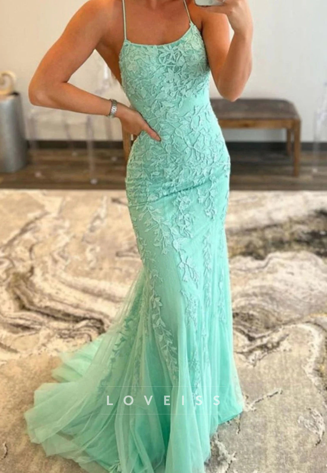 Scoop Spaghetti Straps Lace Appliques Mermaid Prom Dress