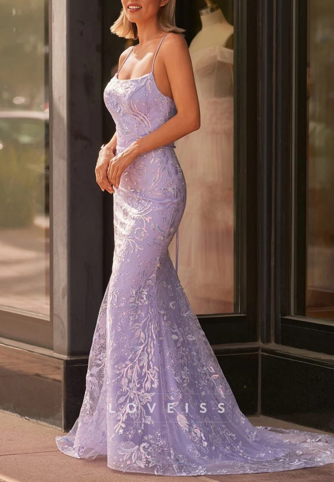 Scoop Spaghetti Straps Lace Appliques Mermaid Prom Dress