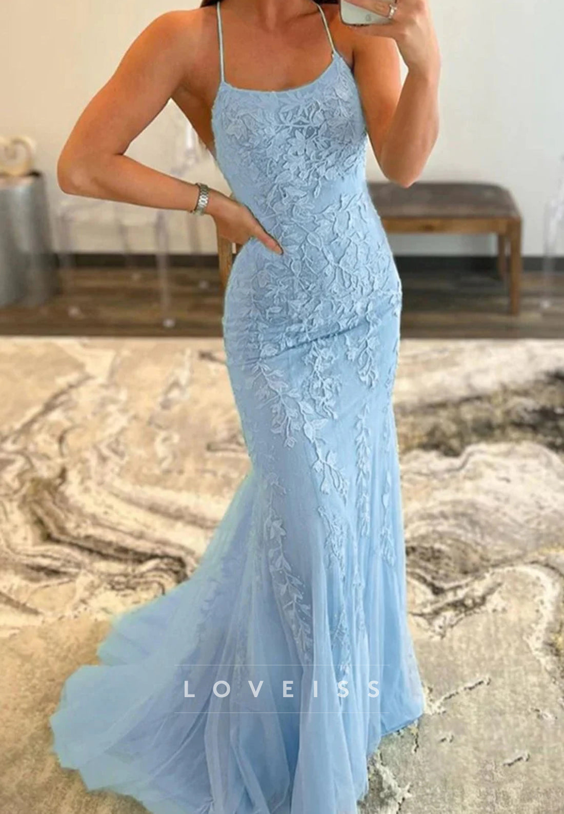 Scoop Spaghetti Straps Lace Appliques Mermaid Prom Dress