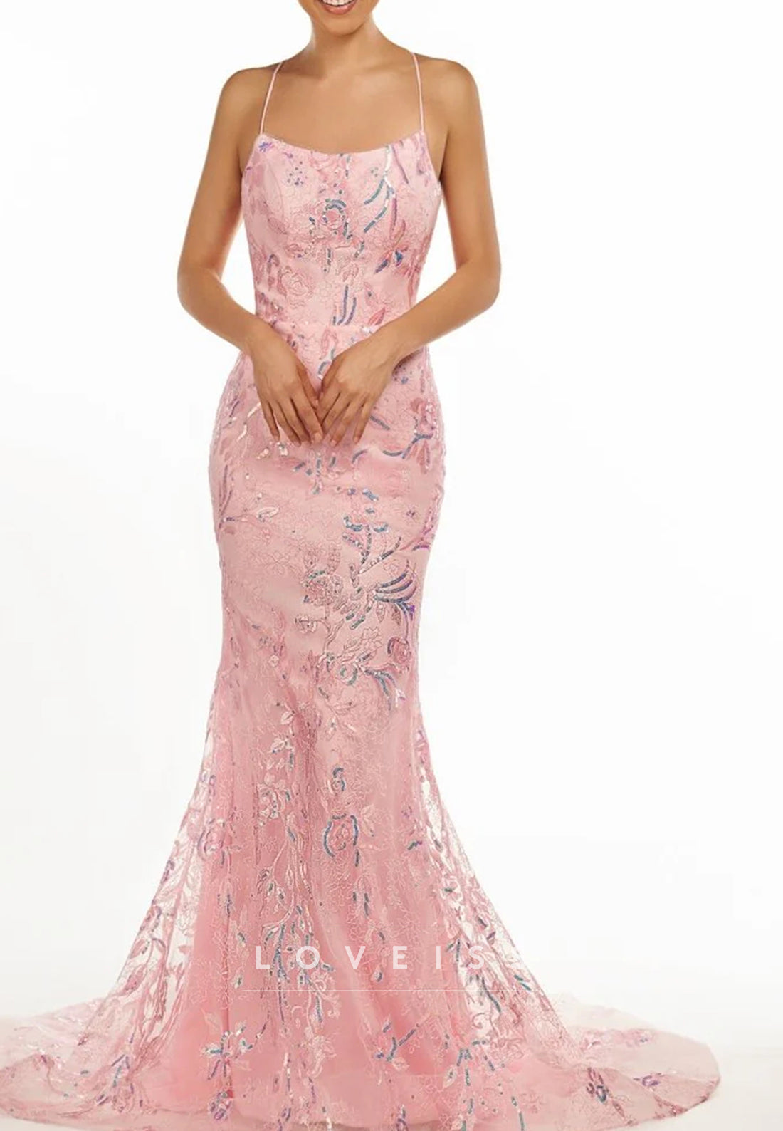 Scoop Spaghetti Straps Lace Appliques Mermaid Prom Dress